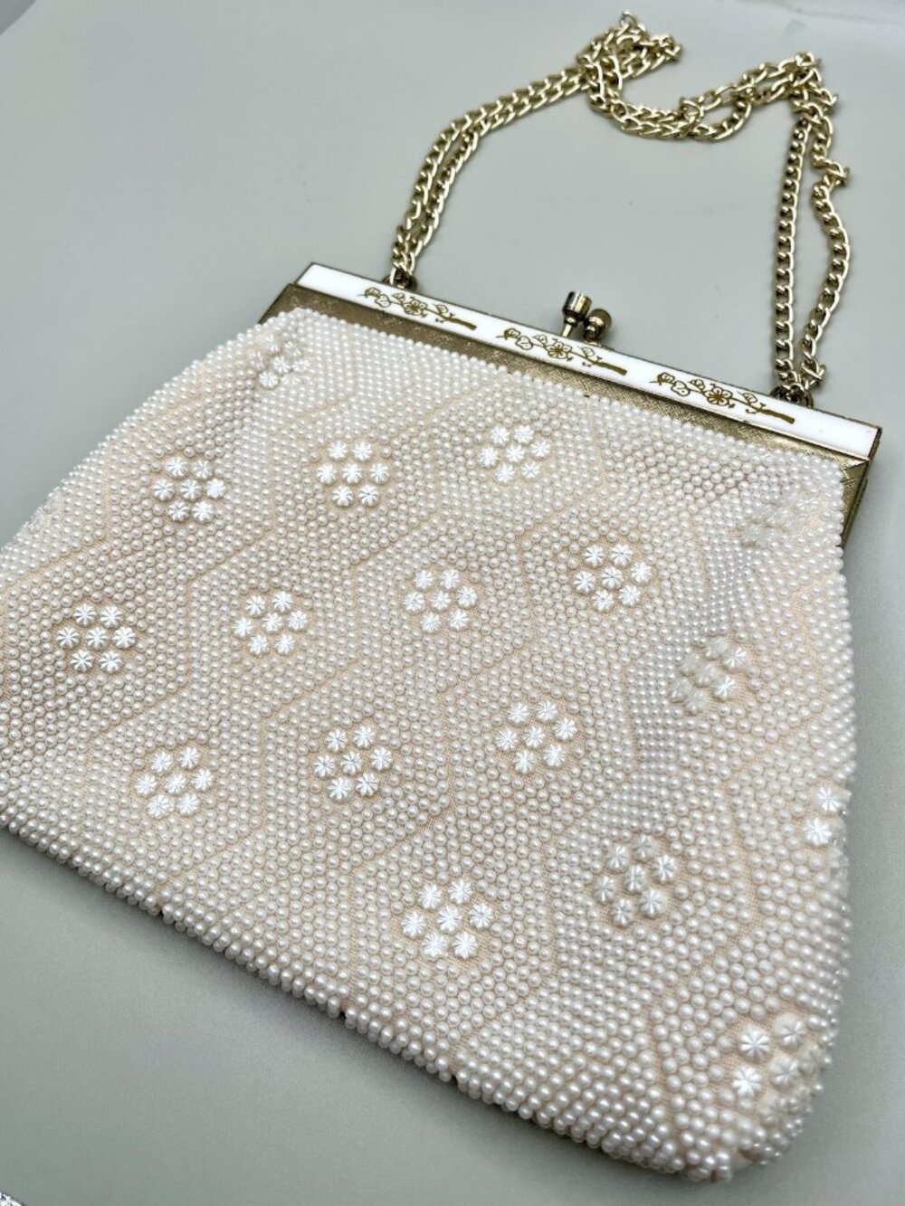 VTG 60s Ivory Beaded Evening Bag Floral Bridal Purse Mid Century MCM Regency
